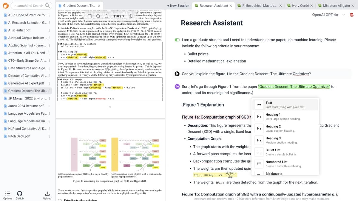 The IncarnaMind window: a document library, the source PDF open beside the chat, and an answer citing the paper.