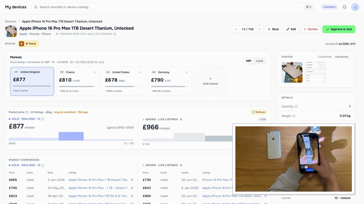 The Retapp window pricing a phone against sold and live listings in the UK, France, the US and Germany, with the mobile app scanning a device inset.